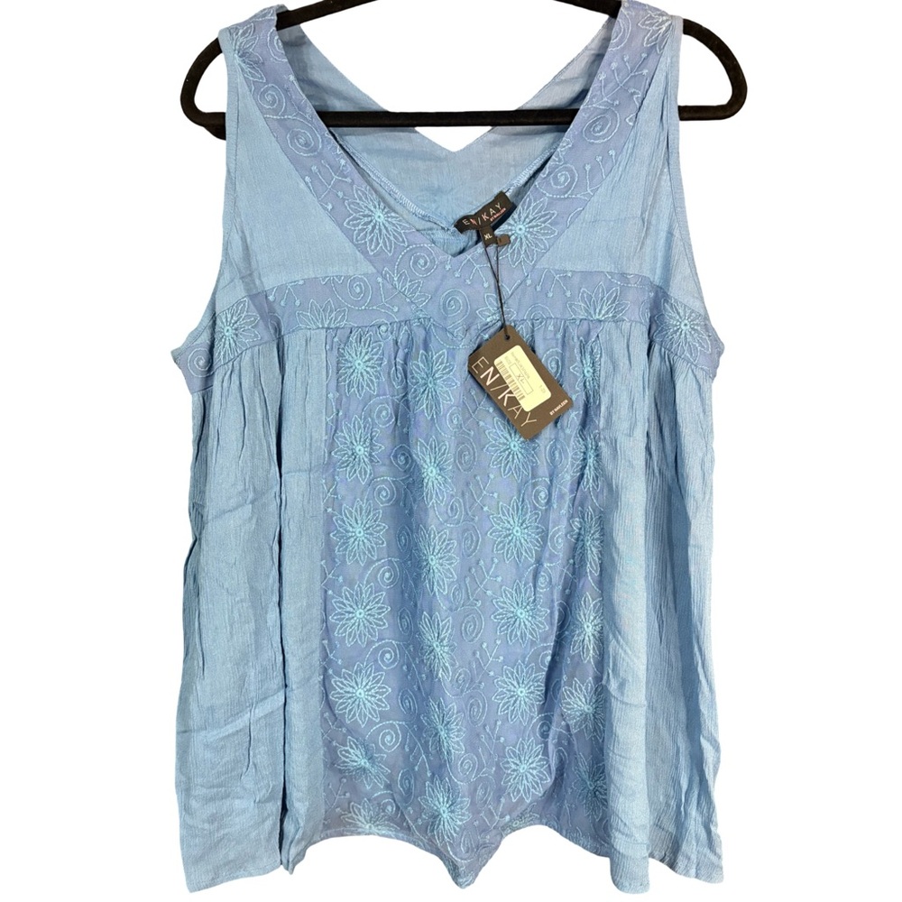 NWT Enkay Sky Blue Embroidered Blouse